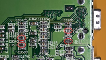 The position of the replacement ferrites at the bottom side of an Amiga 1200 board.